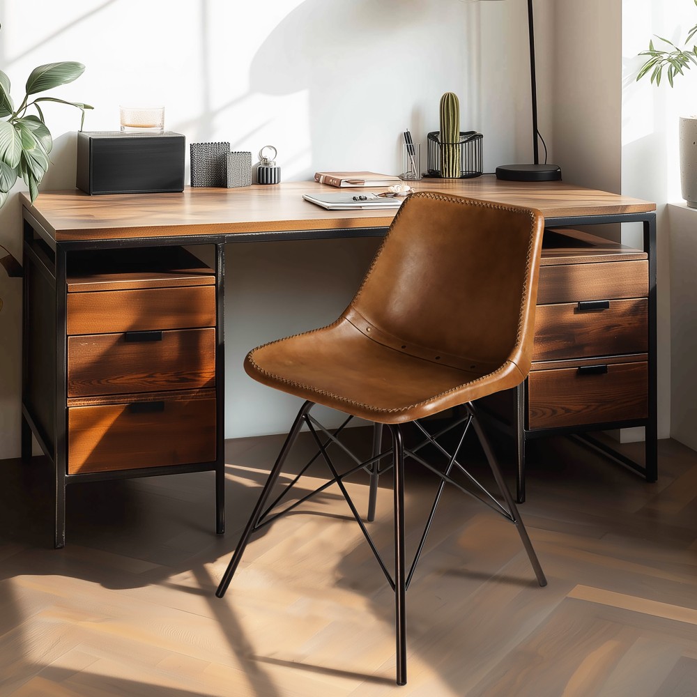 Set of 2 brown leather chairs with steel legs Set of 2 brown leather chairs with steel legs