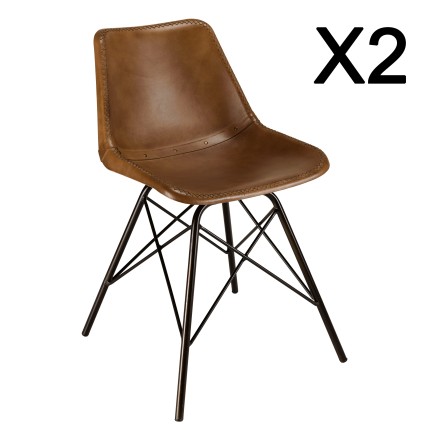 Lot de 2 chaises en cuir marron et pieds acier