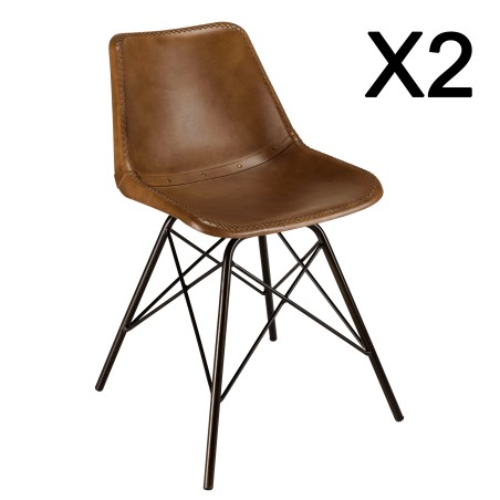 Set of 2 brown leather chairs with steel legs