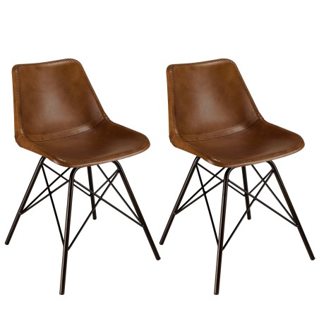 Lot de 2 chaises en cuir marron et pieds acier
