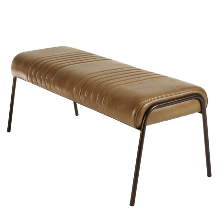 Brown leather upholstered bench with steel legs