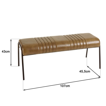 Banc matelassé en cuir marron et pieds acier