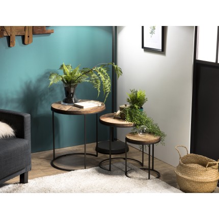 SECONDE MAIN - Set de 2 tables d'appoint rondes gigogne Teck recyclé Acacia