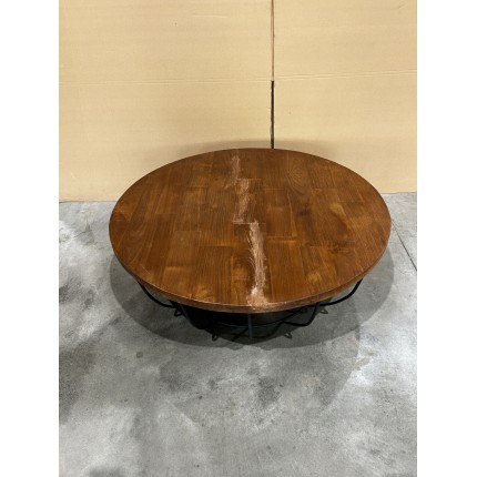 SECONDE MAIN - Table basse coque ronde 100x100cm plateau teck recyclé piétement métal noir