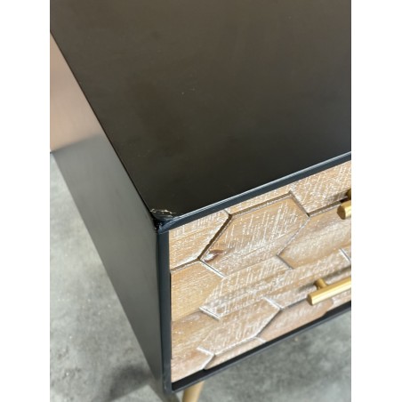 SECONDE MAIN - Chevet noir 2 tiroirs scandi bois Sapin marqueté pieds métal doré