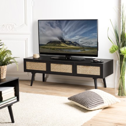 SECONDE MAIN - Meuble TV bois noir 3 tiroirs cannage
