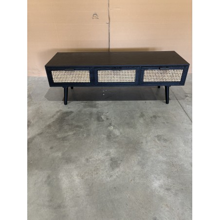 ANGELO Black Wooden TV Stand with 3 Drawers and Cane Finish