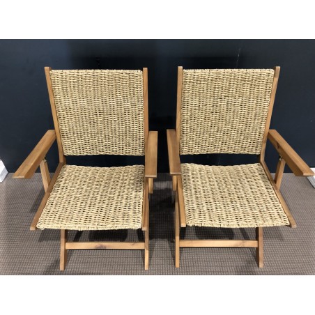 SECONDE MAIN - Ensemble de 2 fauteuils de jardin pliants en bois Acacia et rotin synthétique