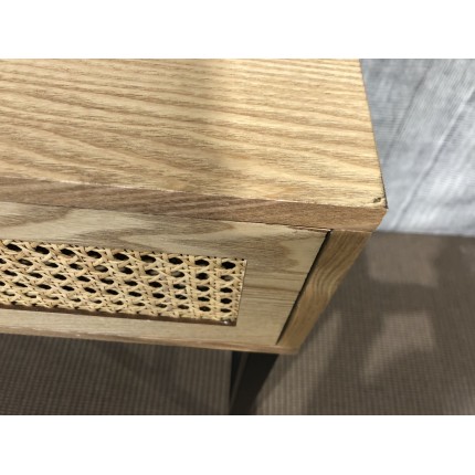 SECONDE MAIN - Console 2 tiroirs cannage naturel pieds métal noir
