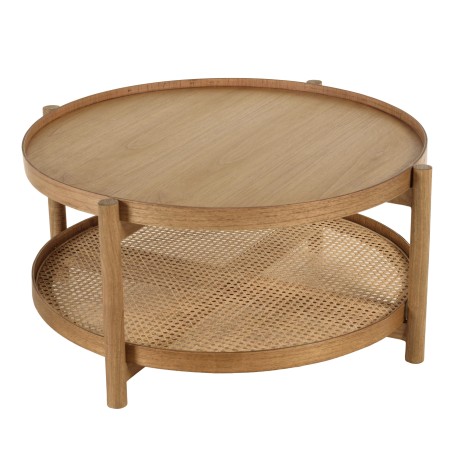 Table basse en bois 80.5cm avec tablette en rotin | Collection Amy