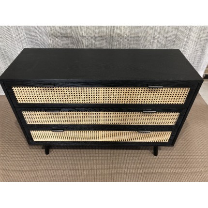 SECOND-HAND - Black chest of drawers with 3 drawers and cane detailing