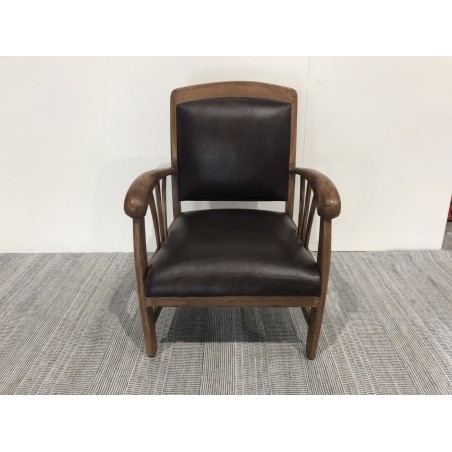Teak wood and brown leather armchair | SECOND-HAND