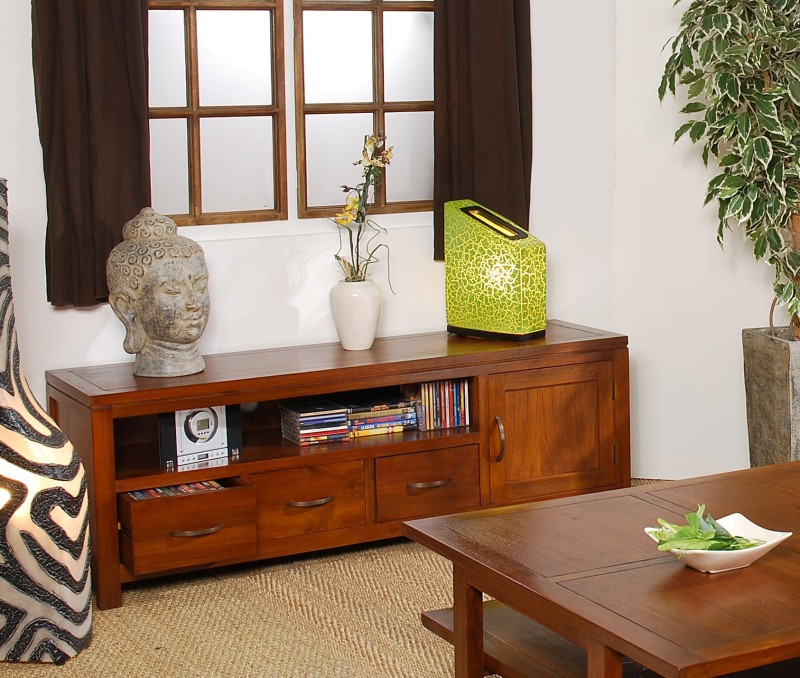 LORINE Low TV Stand - Brown Mindi Wood - 3 Drawers LORINE Low TV Stand - Brown Mindi Wood - 3 Drawers