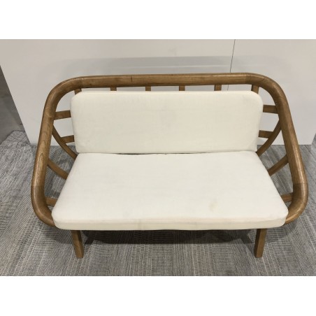 2-seater sofa with white cushions, wood and rattan | Second Hand