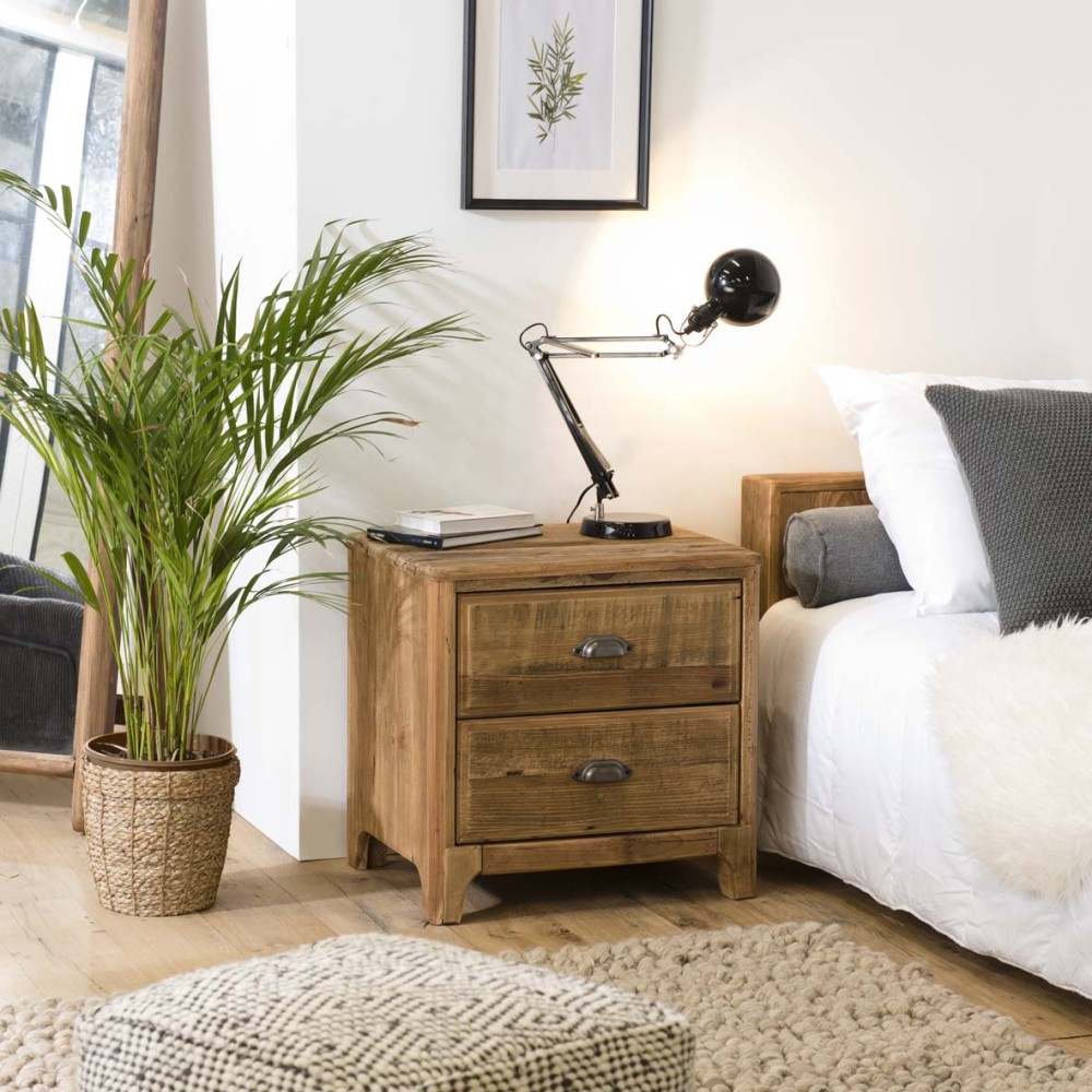 Brown bedside table with 2 drawers, recycled pine | Second Hand Brown bedside table with 2 drawers, recycled pine | Second Hand