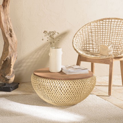 Round coffee table 65x65cm in beige rattan with removable top | Second Hand