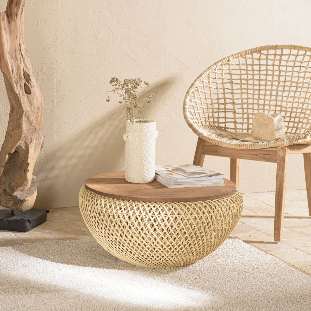 Round coffee table 65x65cm in beige rattan with removable top | Second Hand Round coffee table 65x65cm in beige rattan with removable top | Second Hand