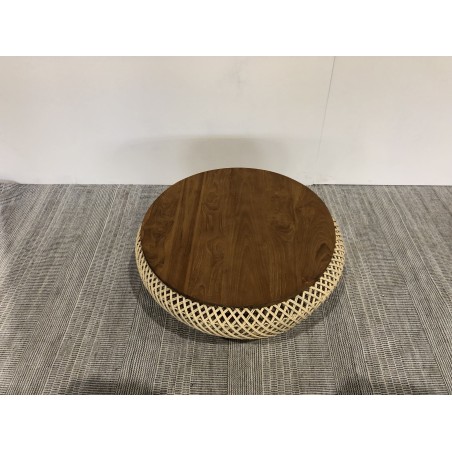 Table basse ronde diam68 plateau bois teck recyclé rotin beige | Seconde Main