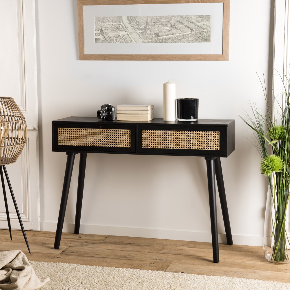 Black wooden console table with 2 drawers and cane detailing | Second-hand Black wooden console table with 2 drawers and cane detailing | Second-hand