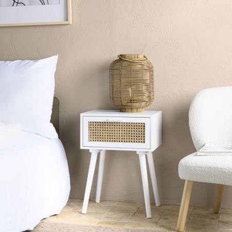 SMANDY White Bedside Table with Natural Cane Detailing