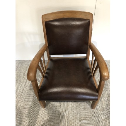 Teak wood and brown leather armchair | SECOND-HAND