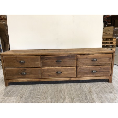 Brown TV cabinet with 6 drawers, recycled pine wood | Second Hand