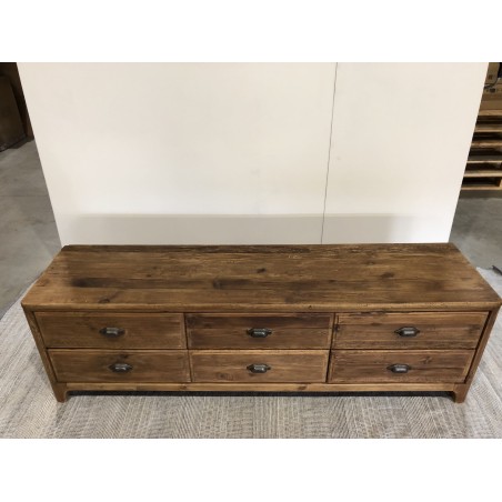 Brown TV cabinet with 6 drawers, recycled pine wood | Second Hand