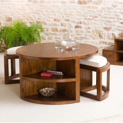 LAUREN Brown Round Coffee Table with 2 Stools
