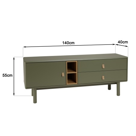 TV cabinet with 1 door, 2 drawers and 2 green wooden compartments | Second Hand