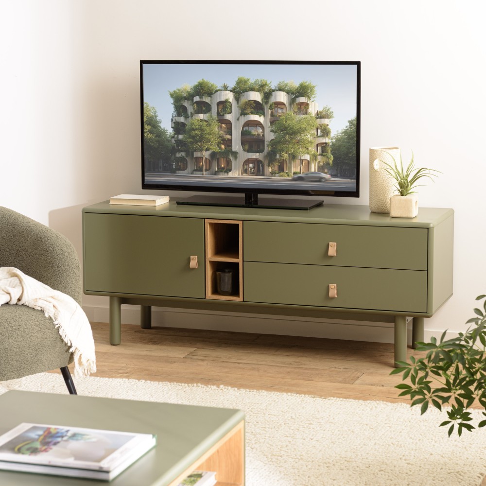 Meuble TV 1 porte, 2 tiroirs et 2 niches en bois vert | Seconde Main Meuble TV 1 porte, 2 tiroirs et 2 niches en bois vert | Seconde Main