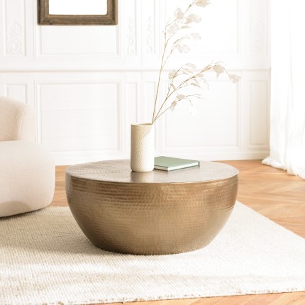 Table basse coque ronde 90x90cm en aluminium doré antique | Seconde Main