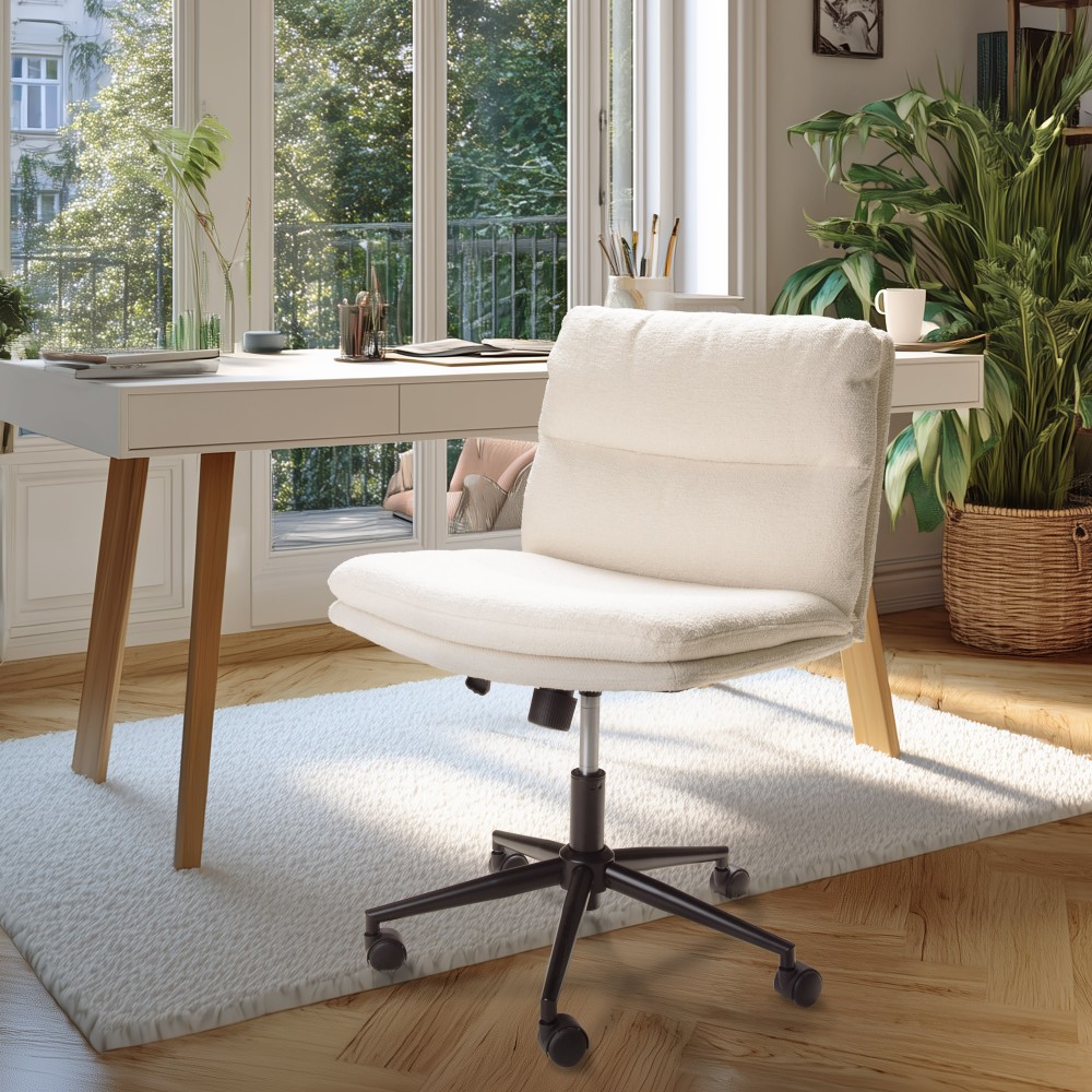 Chaise de bureau à roulettes en tissu écru dossier carré | Collection Mina