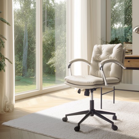 Beige padded leather office chair with square backrest and castors | Mina Collection