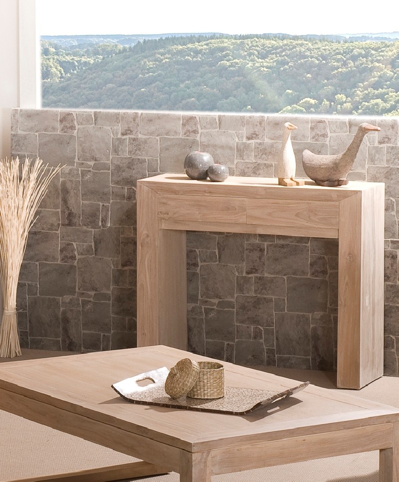 Console moderne 2 tiroirs bois teck blanchi INES