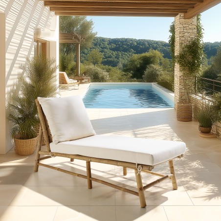 Bamboo sun lounger with cream-coloured cushions | Vital Collection