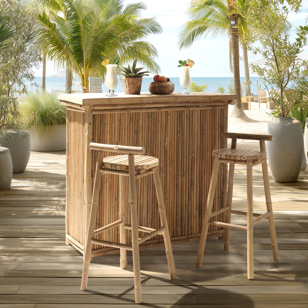 Bar and 2 stools with bamboo backrest | Vital Collection