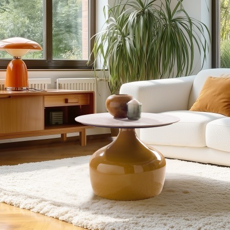 Table basse 60cm plateau carreaux vitrifiés pied fer camel | Collection Hortense