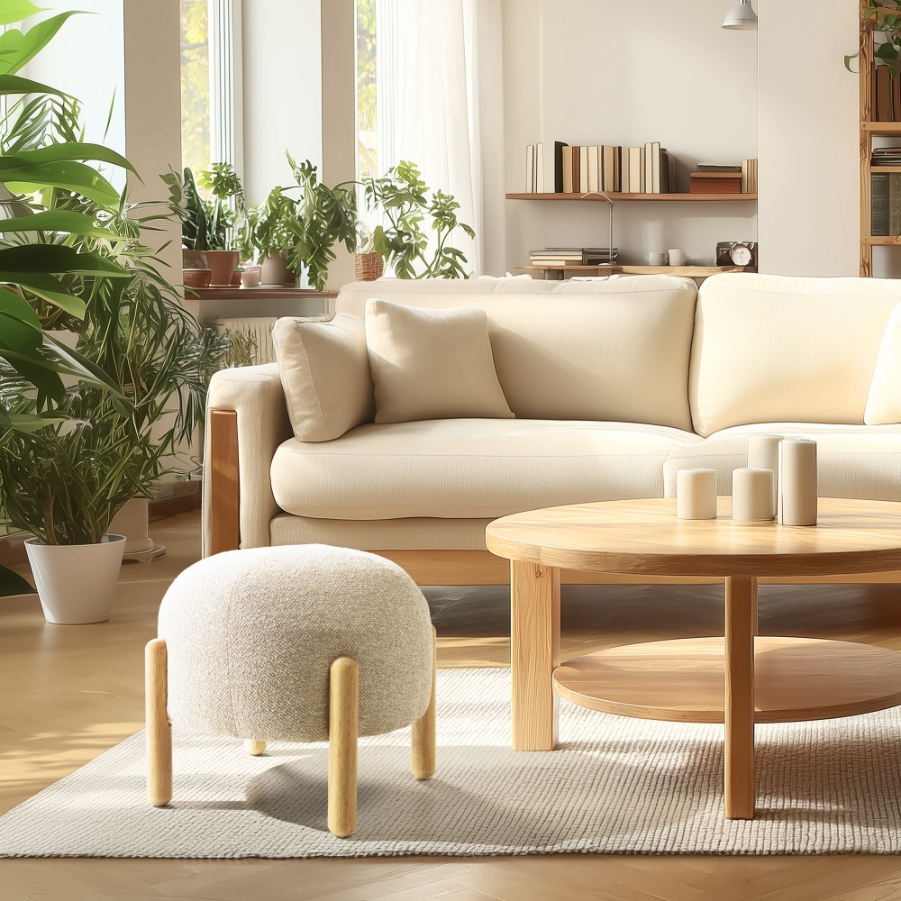 Beige wool-effect fabric pouffe with wooden legs | Leopold Collection