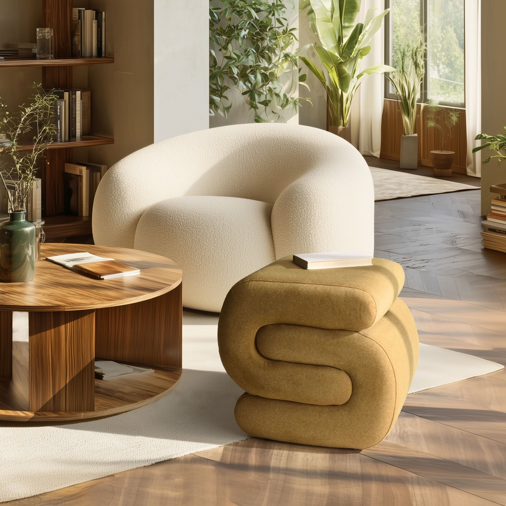 Mustard yellow velvet-effect fabric pouffe | Leopold Collection