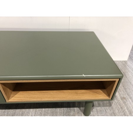 Table basse 2 tiroirs et 2 niches en bois naturel vert | Seconde Main