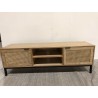 Wooden TV cabinet with 2 doors, natural cane finish and black metal legs | Second-hand