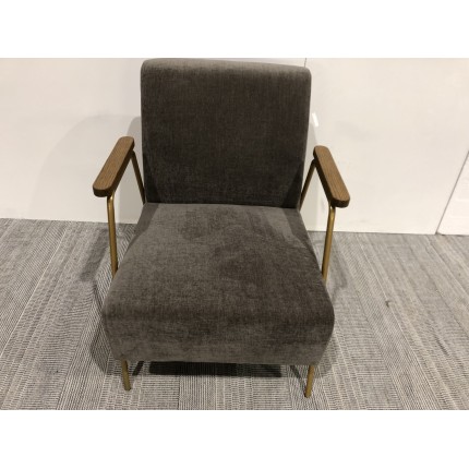 Fauteuil lounge pieds doré accoudoirs bois et tissu taupe | Seconde Main