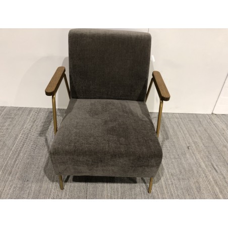 Fauteuil lounge pieds doré accoudoirs bois et tissu taupe | Seconde Main