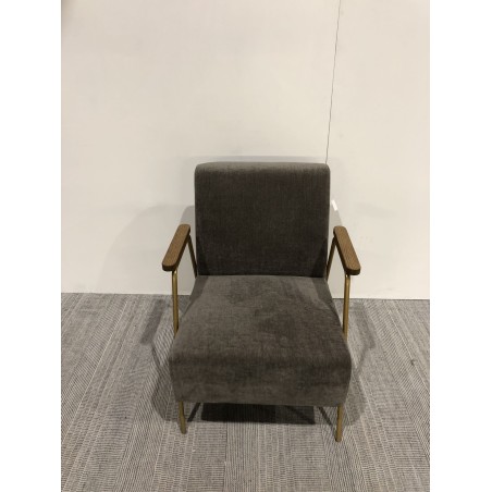 Lounge chair with golden legs, wooden armrests and taupe fabric | Second Hand