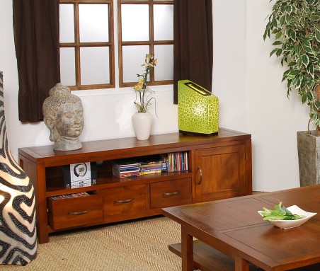 Low TV cabinet with 3 drawers in brown Mindi wood | Second-hand