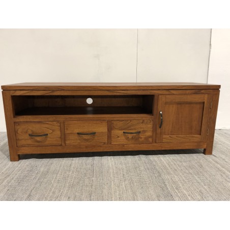 Low TV cabinet with 3 drawers in brown Mindi wood | Second-hand