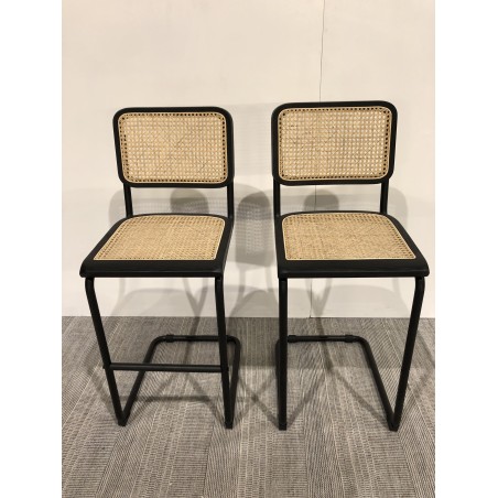 Set of 2 black wood and natural rattan island stools with metal legs | Second Hand