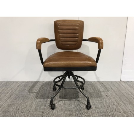 Vintage brown leather and black metal armchair with castors | Second-hand