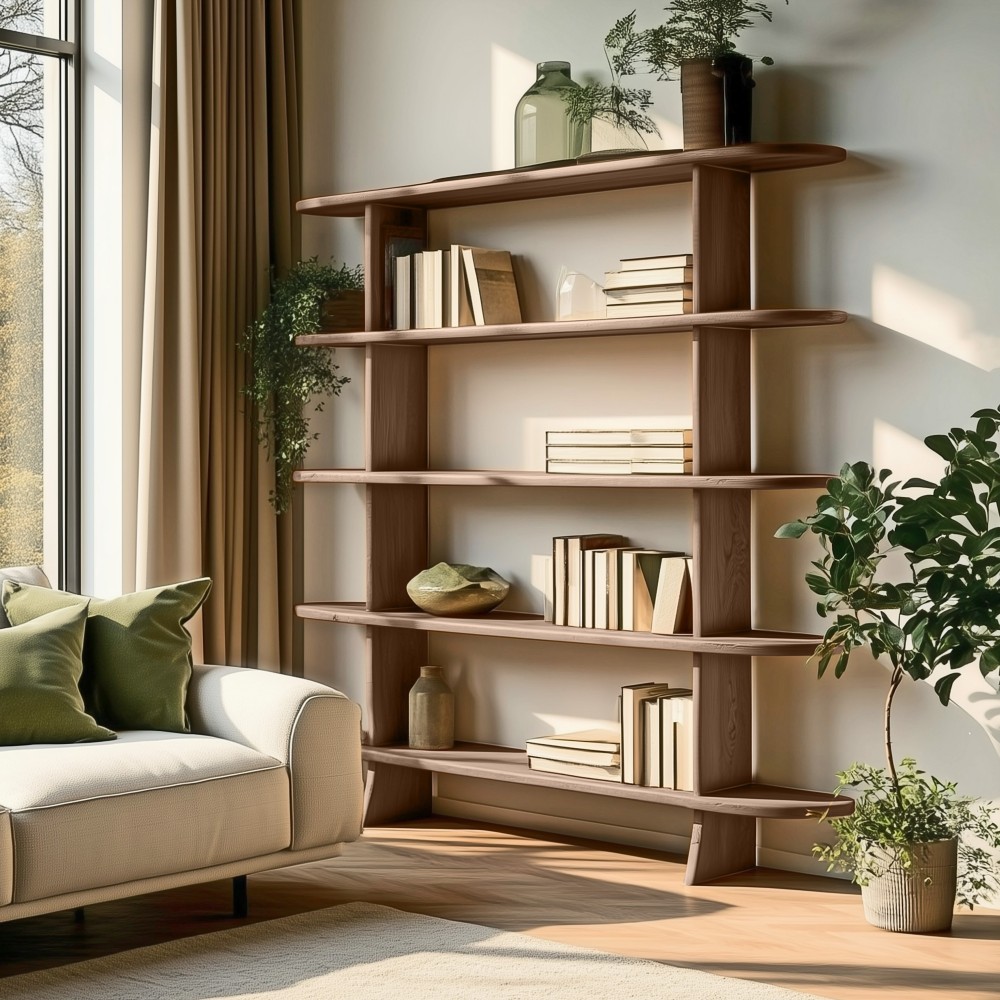 Linear bookcase with 5 shelves in mindi wood | Romy | Macabane