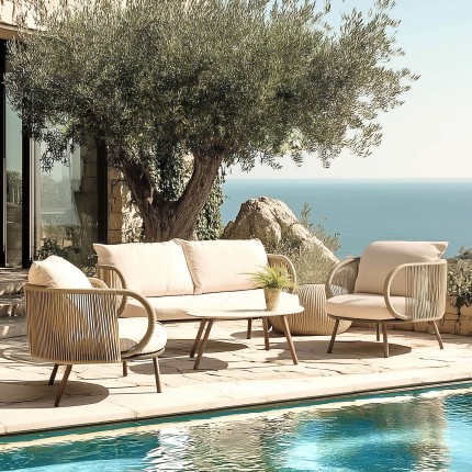 Salon de jardin 4 places en acier et cordage synthétique taupe | Vick